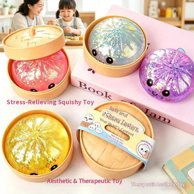 Squishy Dumpling Steamed Bun Toy Slow Rising Rebound Glitter Stress Relief Ball Fidget Random Face Coloful Squeeze Pinch Toy
